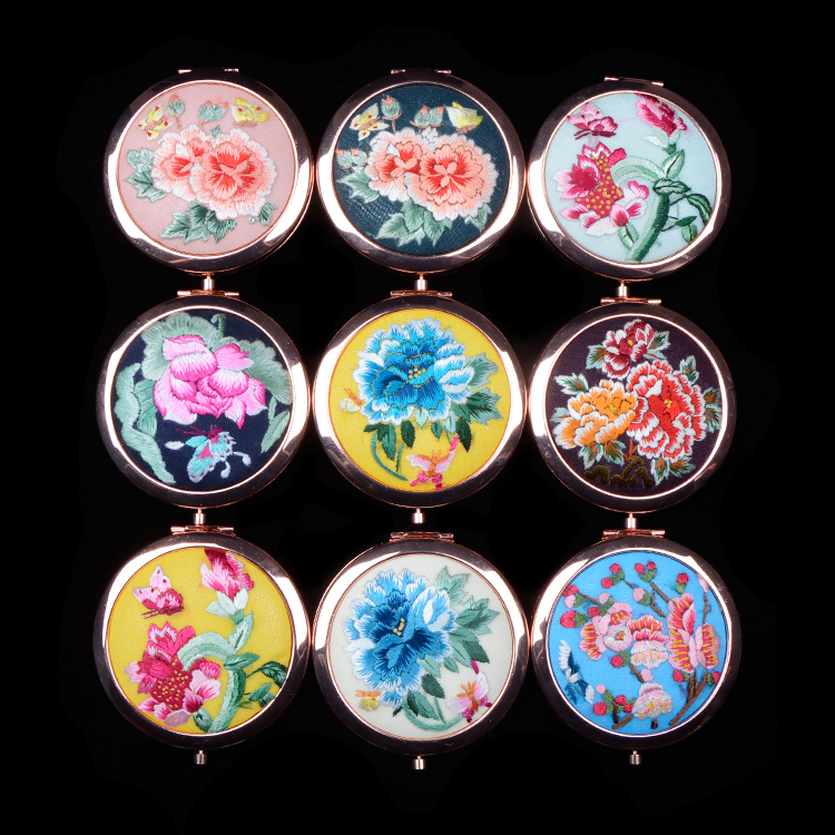 长岭化妆随身镜精品出国送礼刺绣中国风古风摄影 手绣镜子